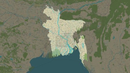 Bangladesh highlighted on a topographic, OSM Humanitarian style map