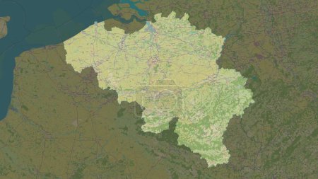 Belgium highlighted on a topographic, OSM Humanitarian style map