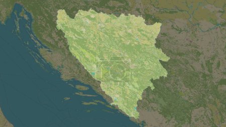 Bosnia and Herzegovina highlighted on a topographic, OSM Humanitarian style map