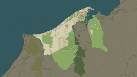 Brunei highlighted on a topographic, OSM Humanitarian style map
