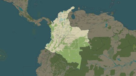 Colombia highlighted on a topographic, OSM Humanitarian style map