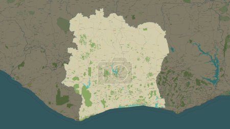 Ivory Coast highlighted on a topographic, OSM Humanitarian style map