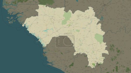 Guinea highlighted on a topographic, OSM Humanitarian style map