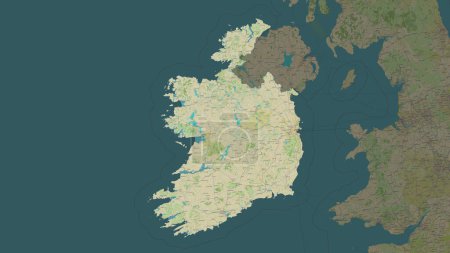 Ireland highlighted on a topographic, OSM Humanitarian style map