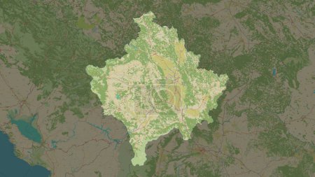 Kosovo highlighted on a topographic, OSM Humanitarian style map