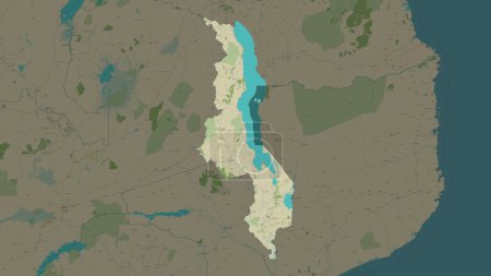 Malawi highlighted on a topographic, OSM Humanitarian style map