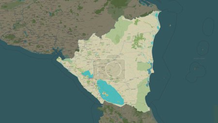 Nicaragua highlighted on a topographic, OSM Humanitarian style map