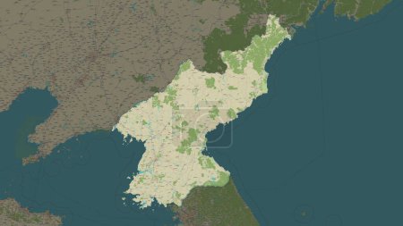 North Korea highlighted on a topographic, OSM Humanitarian style map