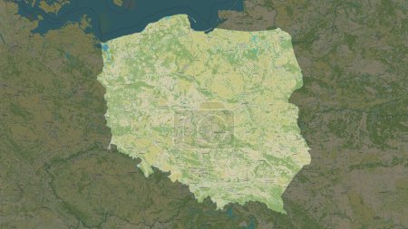 Poland highlighted on a topographic, OSM Humanitarian style map