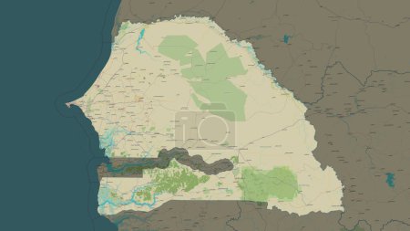 Senegal highlighted on a topographic, OSM Humanitarian style map