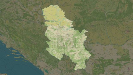 Serbia highlighted on a topographic, OSM Humanitarian style map