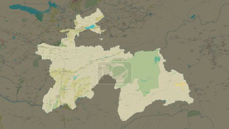Tajikistan highlighted on a topographic, OSM Humanitarian style map