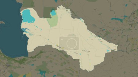 Turkmenistan highlighted on a topographic, OSM Humanitarian style map