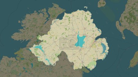 Northern Ireland highlighted on a topographic, OSM Humanitarian style map