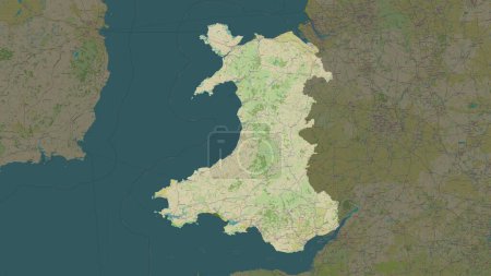 Wales - Great Britain highlighted on a topographic, OSM Humanitarian style map