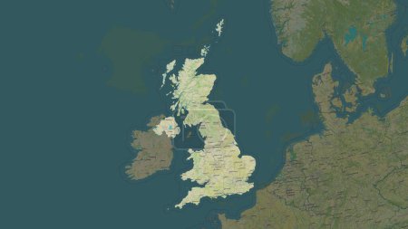 United Kingdom highlighted on a topographic, OSM Humanitarian style map