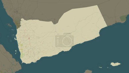 Yemen highlighted on a topographic, OSM Humanitarian style map