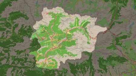 Andorra hervorgehoben auf einer topographischen Karte im OSM-Frankreich-Stil