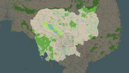 Kambodscha auf einer topographischen Karte im OSM-Frankreich-Stil hervorgehoben