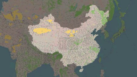 China highlighted on a topographic, OSM France style map