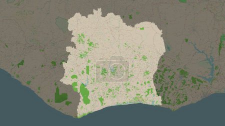 Ivory Coast highlighted on a topographic, OSM France style map