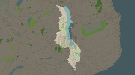 Malawi highlighted on a topographic, OSM France style map