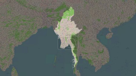 Myanmar highlighted on a topographic, OSM France style map