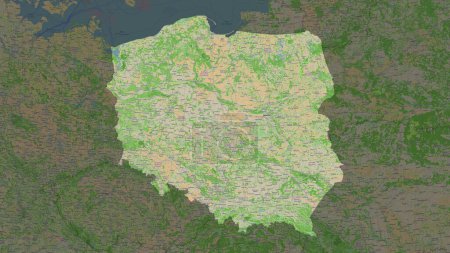 Poland highlighted on a topographic, OSM France style map