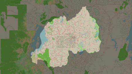Rwanda highlighted on a topographic, OSM France style map