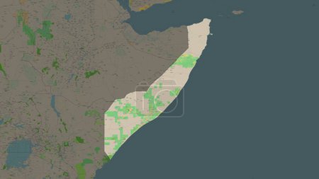 Somalia Mainland highlighted on a topographic, OSM France style map