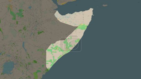 Somalia highlighted on a topographic, OSM France style map