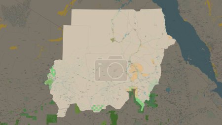 Sudan highlighted on a topographic, OSM France style map