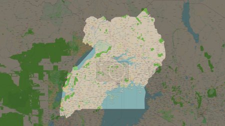 Uganda highlighted on a topographic, OSM France style map
