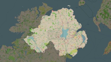 Northern Ireland highlighted on a topographic, OSM France style map