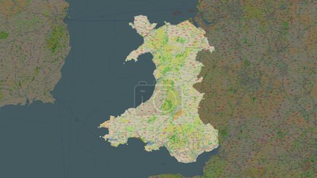 Wales - Great Britain highlighted on a topographic, OSM France style map
