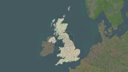 United Kingdom highlighted on a topographic, OSM France style map