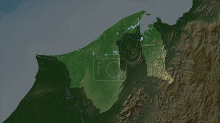 Brunei resaltado en un mapa de elevación de color pálido con lagos y ríos