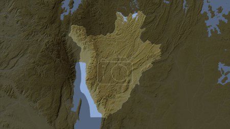 Burundi highlighted on a Pale colored elevation map with lakes and rivers