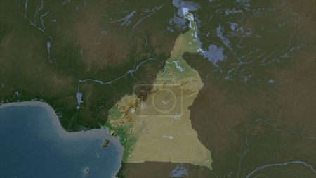 Kamerun auf blassfarbener Höhenkarte mit Seen und Flüssen hervorgehoben