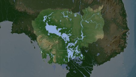 Cambodia highlighted on a Pale colored elevation map with lakes and rivers
