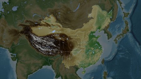 China auf blassfarbener Höhenkarte mit Seen und Flüssen hervorgehoben
