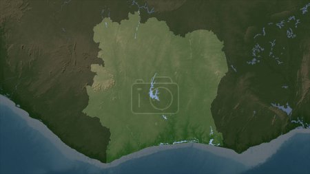 Costa de Marfil resaltado en un mapa de elevación de color pálido con lagos y ríos