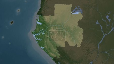 Gabón resaltado en un mapa de elevación de color pálido con lagos y ríos