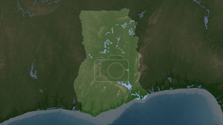 Ghana auf blassfarbener Höhenkarte mit Seen und Flüssen hervorgehoben