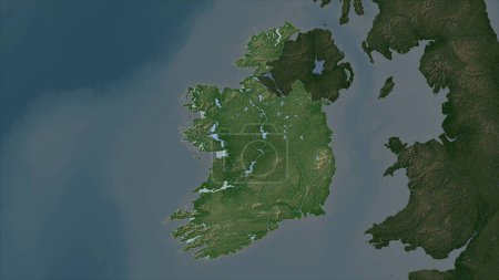 Ireland highlighted on a Pale colored elevation map with lakes and rivers