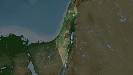 Israel highlighted on a Pale colored elevation map with lakes and rivers