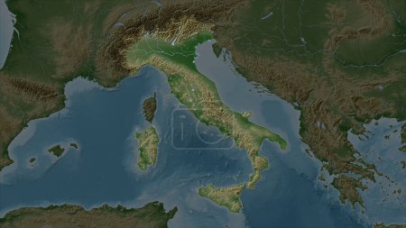 Italy highlighted on a Pale colored elevation map with lakes and rivers