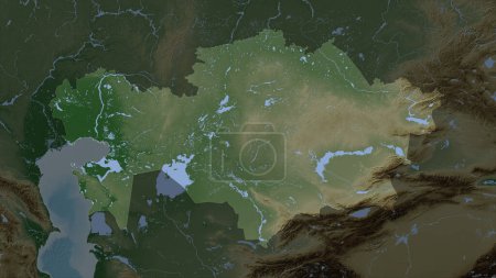 Kazakhstan highlighted on a Pale colored elevation map with lakes and rivers