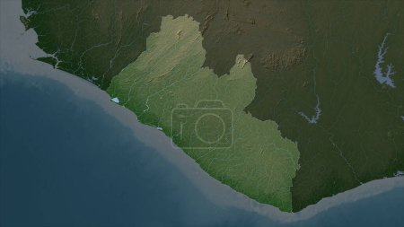Liberia auf blassfarbener Höhenkarte mit Seen und Flüssen hervorgehoben