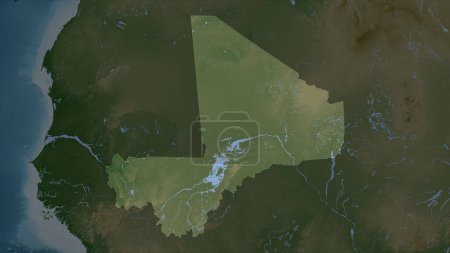 Mali auf blassfarbener Höhenkarte mit Seen und Flüssen hervorgehoben